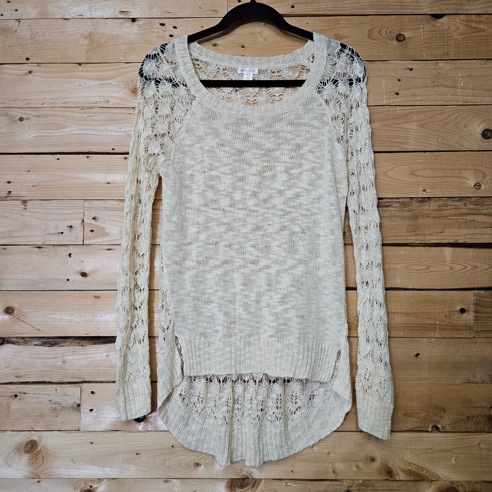 Xhilaration Cream Open Knit Crochet High Low Sweater Womens Medium Boho Pullover